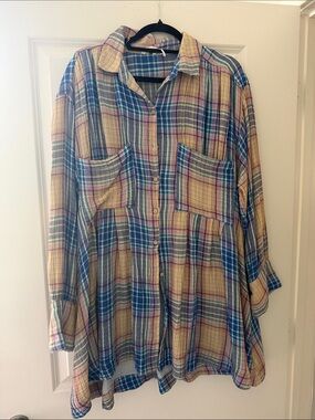 Free People Pastel Plaid Tunic Top in Blue, Yellow, Pink